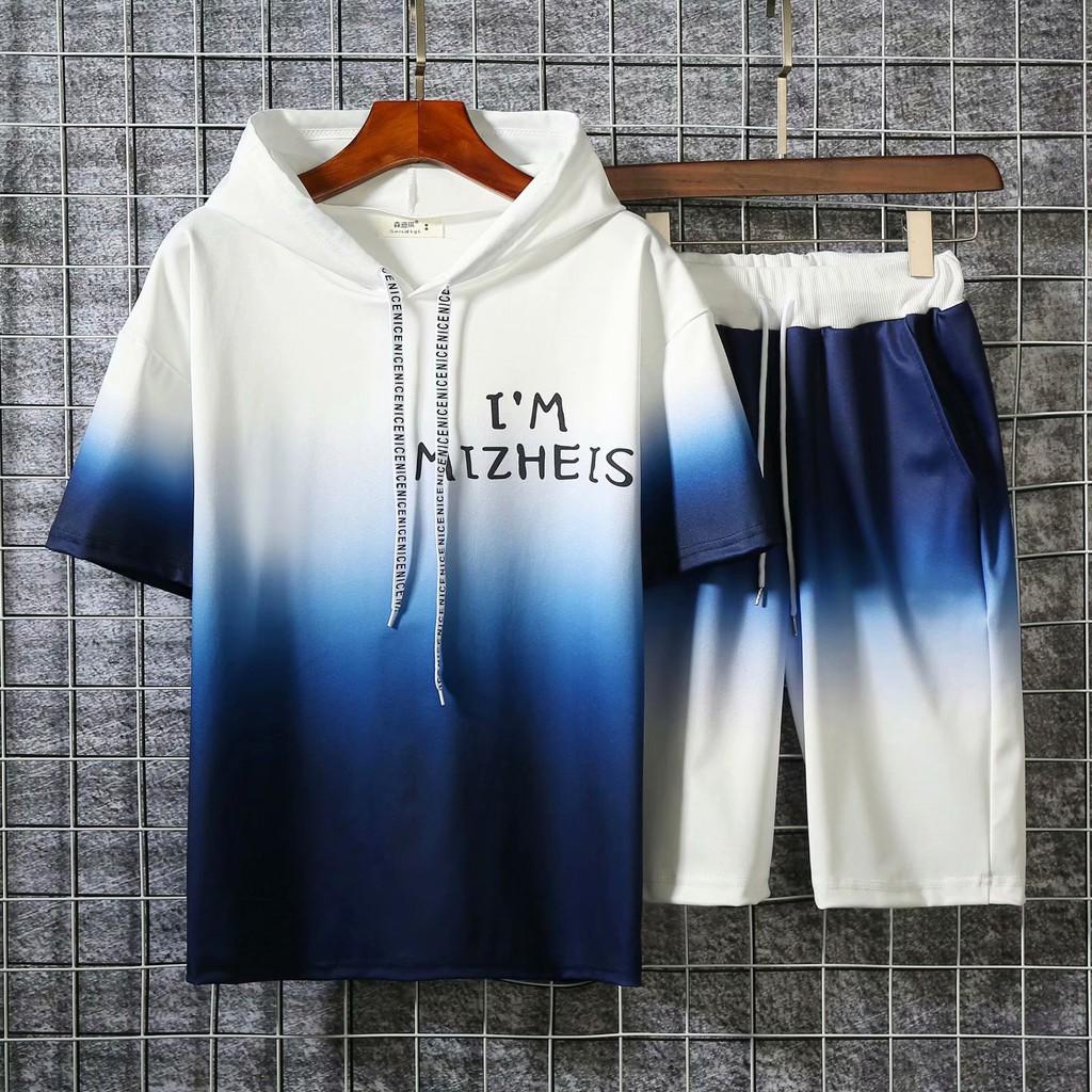 Áo Hoodie Tay Ngắn Dáng Rộng Phối Màu Gradient Thời Trang Mùa Hè
