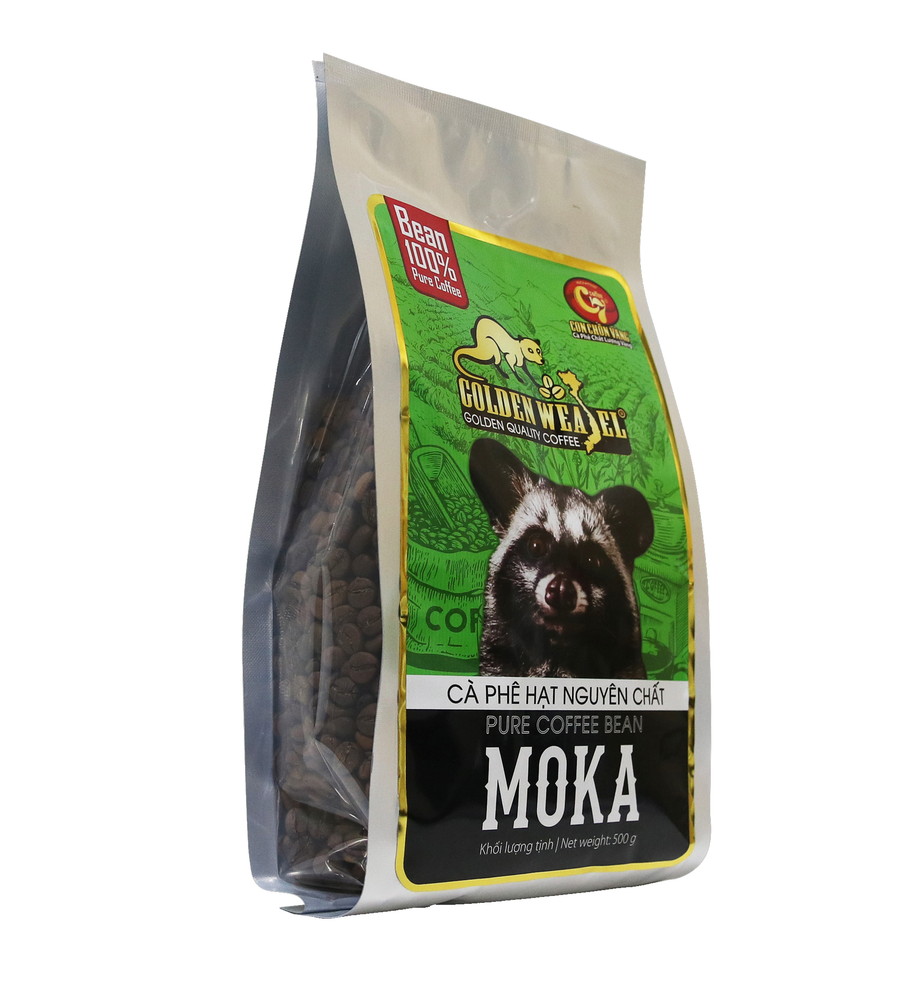 Cà Phê Hạt Moka Rang Mộc 100% Nguyên Chất Con Chồn Vàng - Túi 500Gr