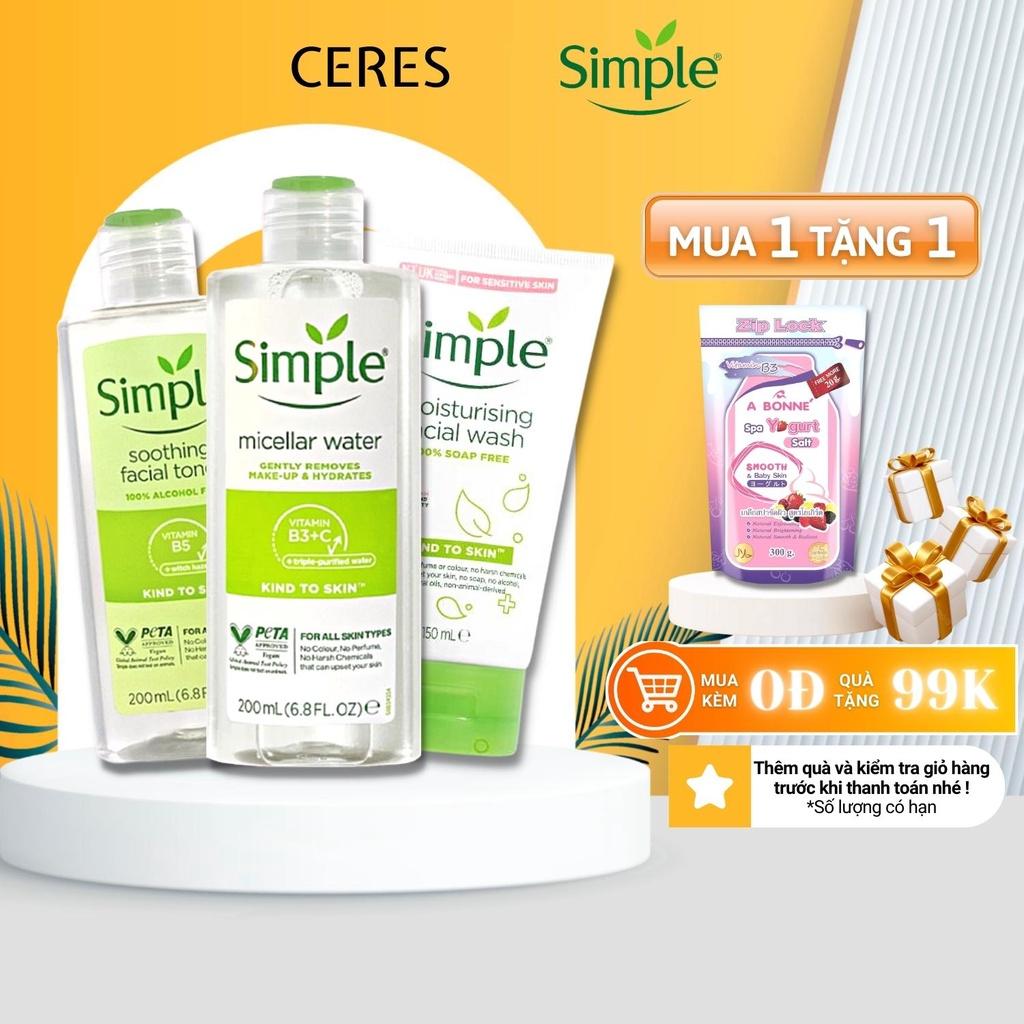 Combo 3 Simple Tẩy trang 200ml + Sữa Rửa Mặt Da Nhạy Cảm 150ml + Nước Hoa Hồng Toner 200ml