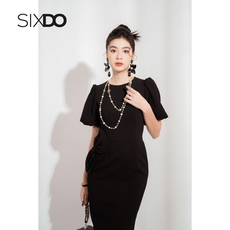 Đầm midi tay bồng xẻ nơ eo thời trang SIXDO