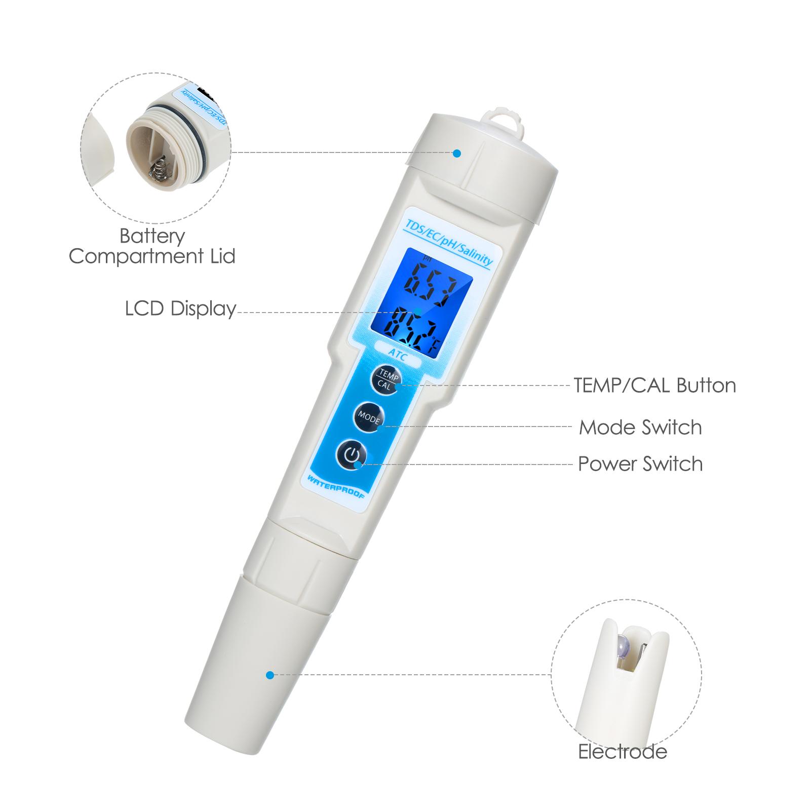 5-in-1 pH Meter Waterproof Multifunctional TDS/EC/pH/Salinity/Temperature Meter Water Quality Tester Blue Backlight LCD