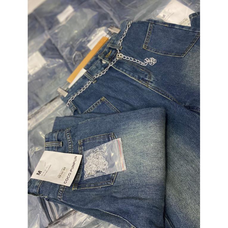 Quần jeans xuông ống rộng kèm dây xích cạp cao thời trang NIEVE