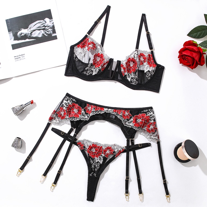 Set bộ đồ lót lingerie lọt khe xuyên thấu thêu hoa trắng đỏ tặng kèm vớ
