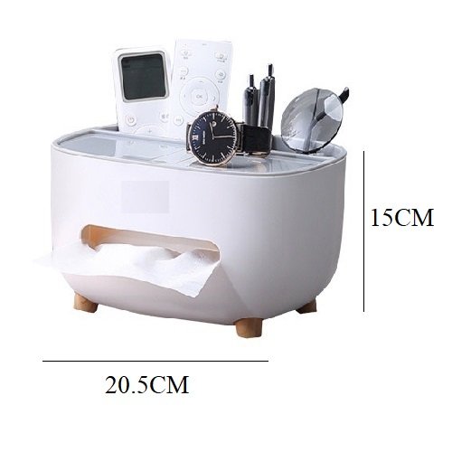 Hộp đựng khăn giấy trang trí để bàn có 2 hộc đựng đồ đa năng - Hộp khăn giấy chất liệu nhựa ABS