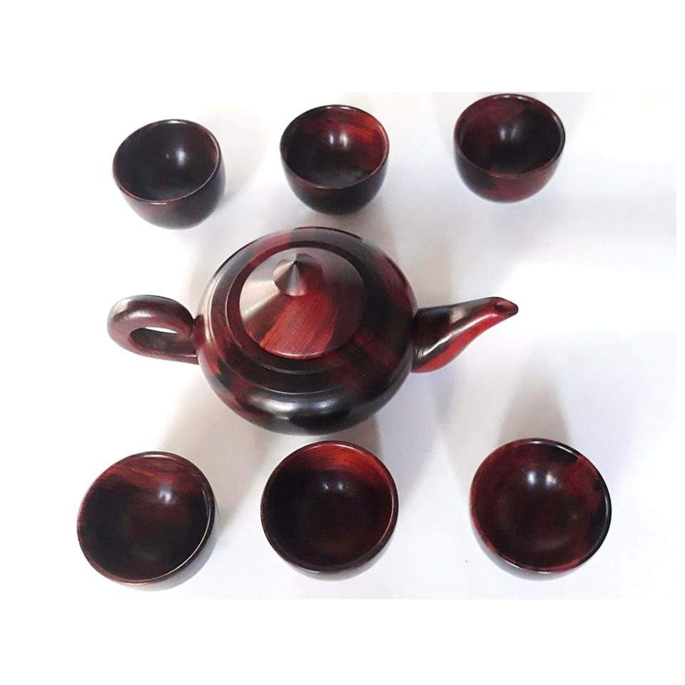 Bộ ấm chén trà bằng gỗ trắc đỏ đen ( 1 Ấm + 6 chén gỗ trắc)