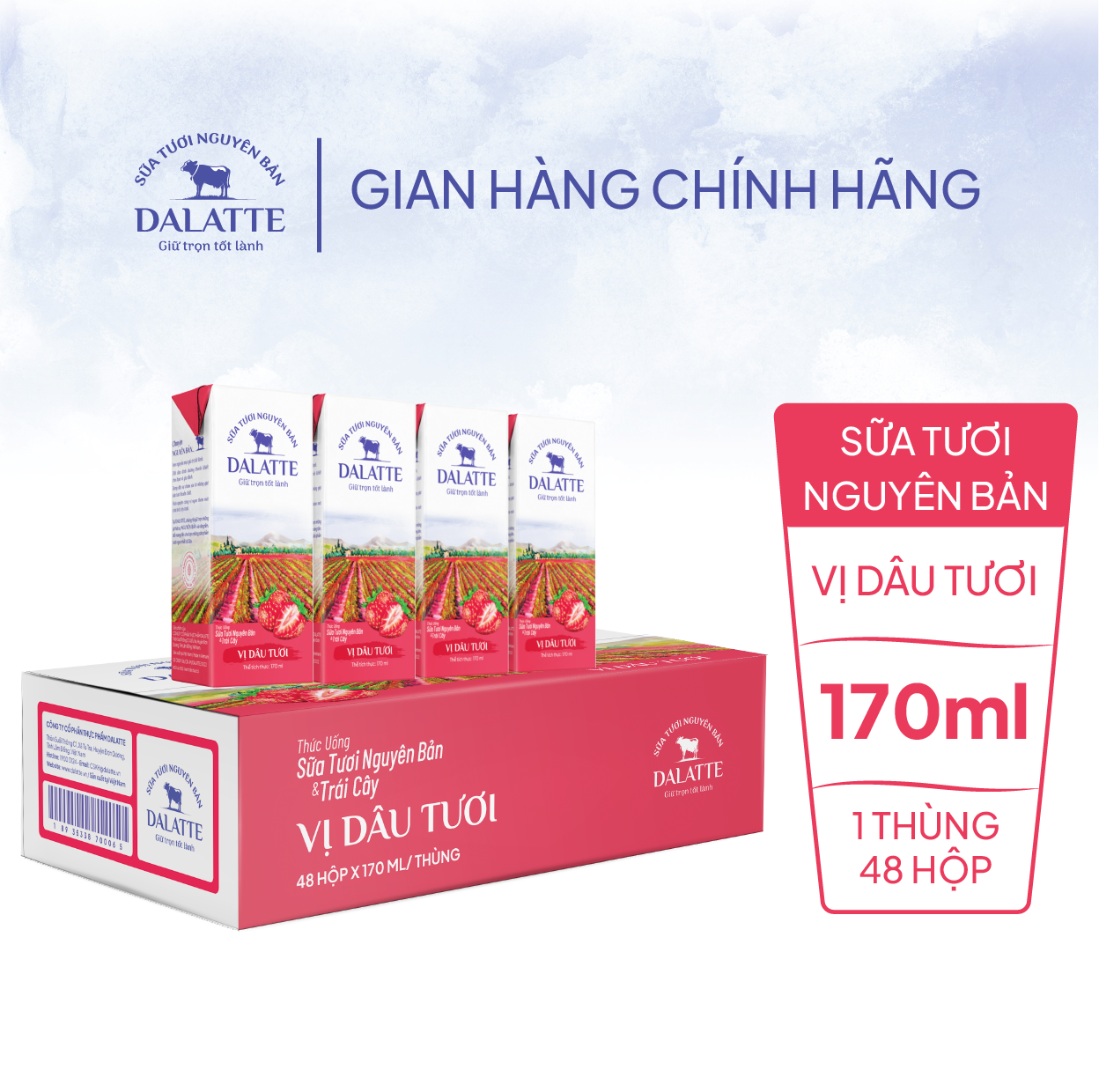 Thùng 48 hộp DALATTE 170ml SỮA TƯƠI NGUYÊN BẢN tiệt trùng - Vị dâu tươi - 48 hộp Giữ trọn nguyên bản, trao trọn tốt lành