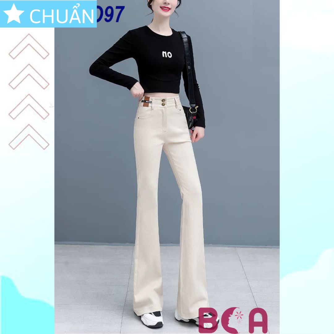 Quần jean nữ ống loe QRO97 ROSATA tại BCASHOP dáng dài thêu hoa, lưng cao 2 nút, phom chuẩn, chất liệu jean - MÀU KEM