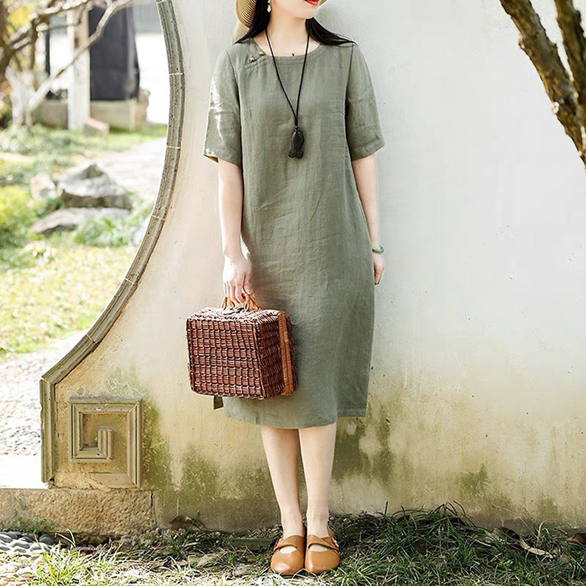 Đầm suông Linen bột Premium cổ vuông Xanh rêu trẻ trung