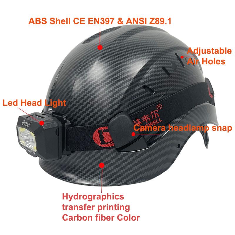 Mũ bảo hiểm an toàn bằng sợi carbon với đèn LED đầu CE EN397 ABS HAT HAT ANSI Công việc công nghiệp vào ban đêm Bảo vệ đầu