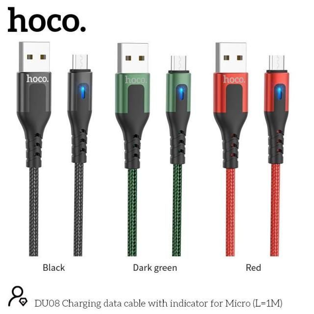 Cáp sạc Micro USB Hoco DU08/DU08 Plus, sạc nhanh 2.4A, dây bọc dù chống đứt, có đèn LED dài 1m/2m hàng chính hãng Hoco Mall Official