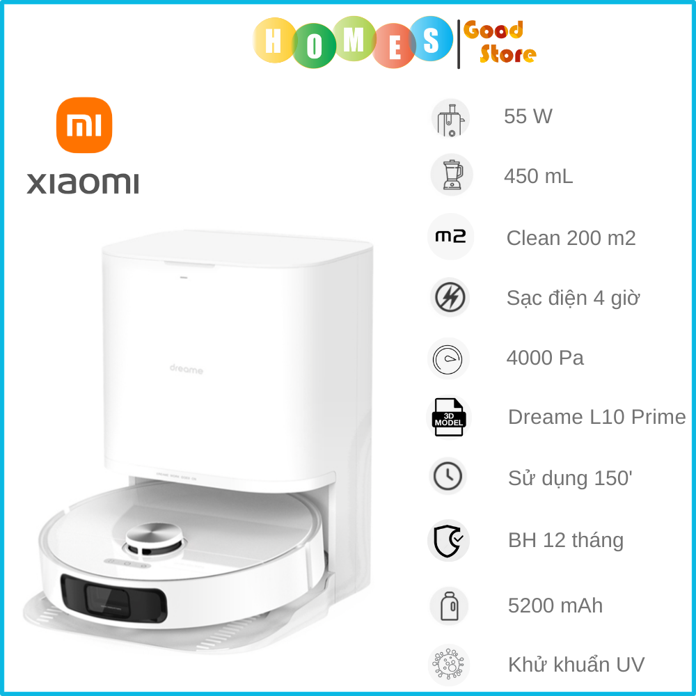 Robot Hút Bụi Lau Nhà XIAOMI DREAME L10 Prime Đổ Rác, Sấy Khô Tự Động, Khử Khuẩn Tia UV, Có Điều Khiển Giọng Nói, Tự Động Nâng Thảm, Công Nghệ Làm Sạch Tự Bơm Nước, Lực Hút 4000 Pa,  Pin 5200 mAh - Hàng Chính Hãng