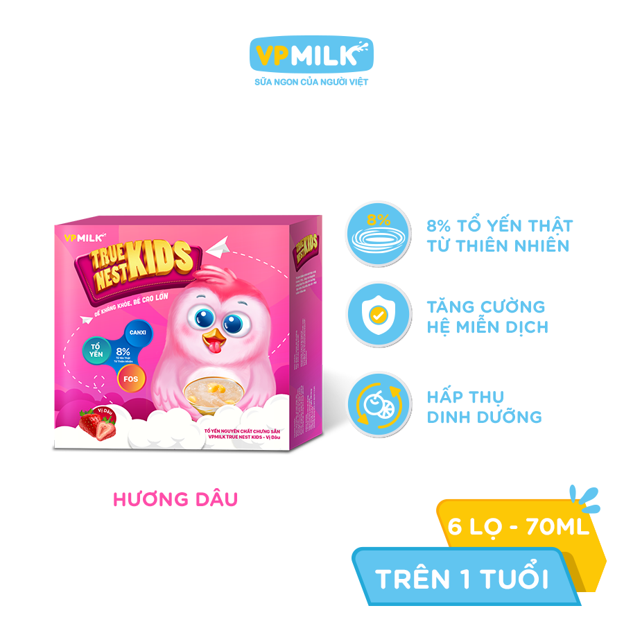 Tổ Yến Nguyên Chất Chưng Sẵn VPMilk True Nest Kids Vị Dâu (Combo 6 lọ x 70 ml)