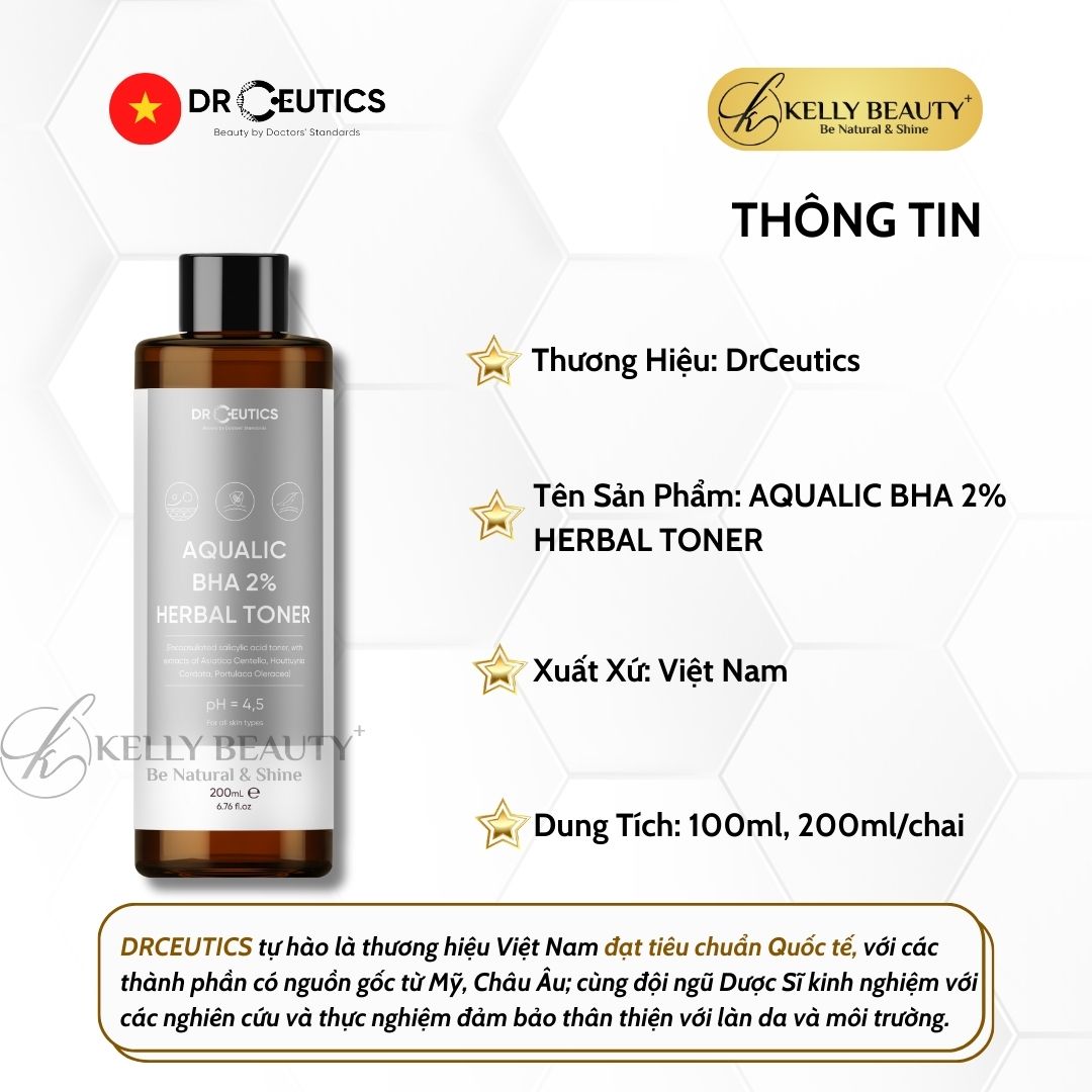 DrCeutics Aqualic BHA 2% Herbal Toner - Giảm Mụn, Ngừa Mụn Tái Phát; Da Sạch Mịn Màng | Kelly Beauty