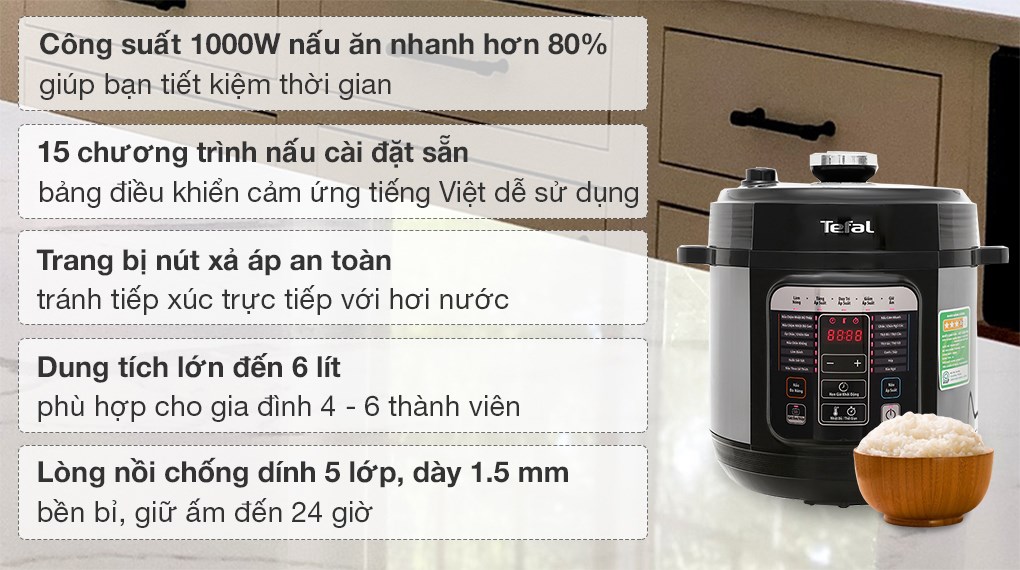 Nồi áp suất điện Tefal CY601868 6 lít - Hàng chính hãng