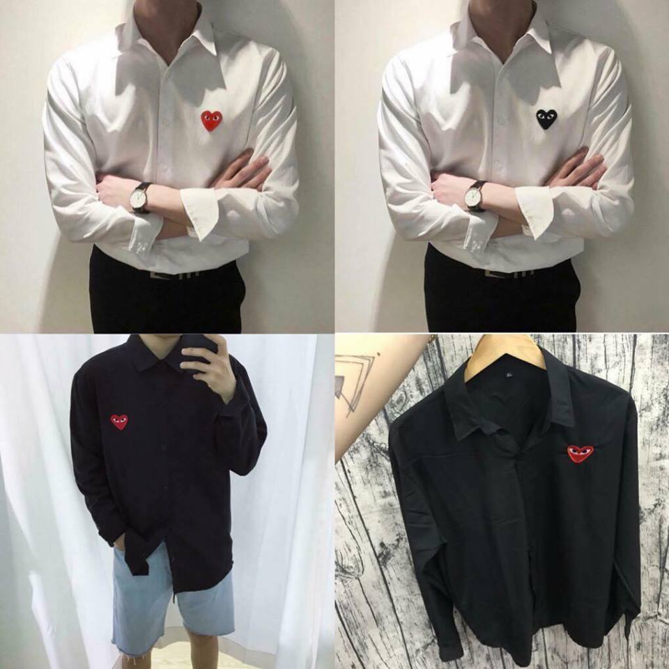 Sơ Mi Đen Dáng Rộng Unisex Thêu Tim Đỏ Tay Dài - MM