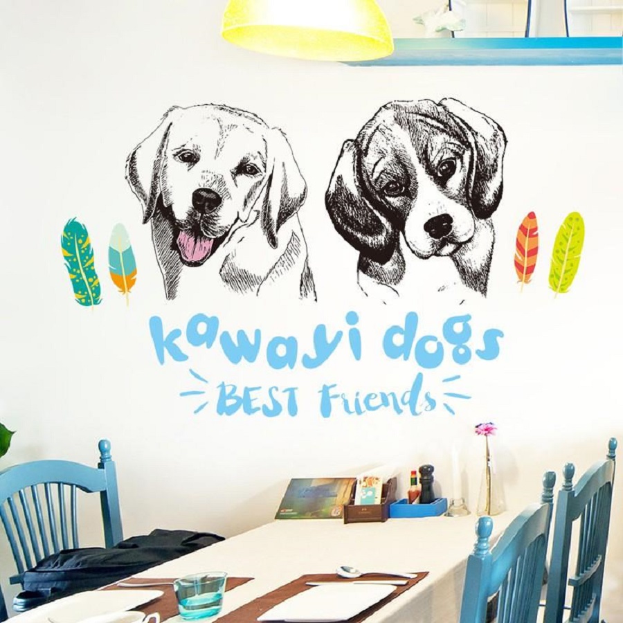 Decal dán tường đôi cún dễ thương Kawaiyi Dogs - Trang trí quán độc đáo