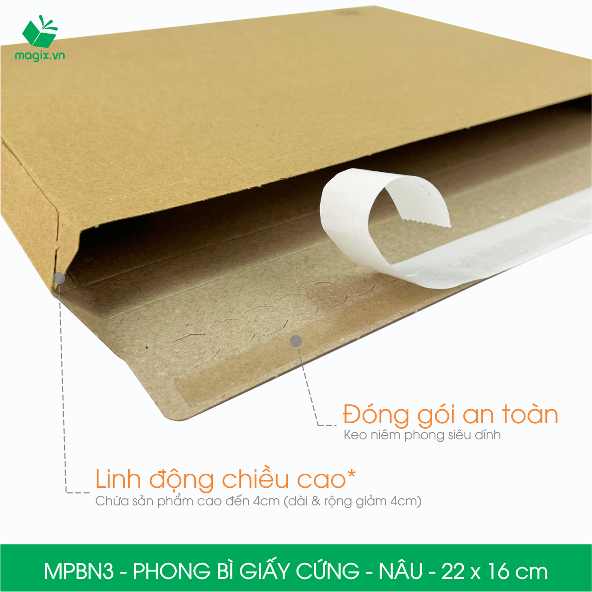 MPBN3 - 22x16 cm - Combo 100 phong bì giấy cứng đóng hàng màu nâu thay thế túi gói hàng