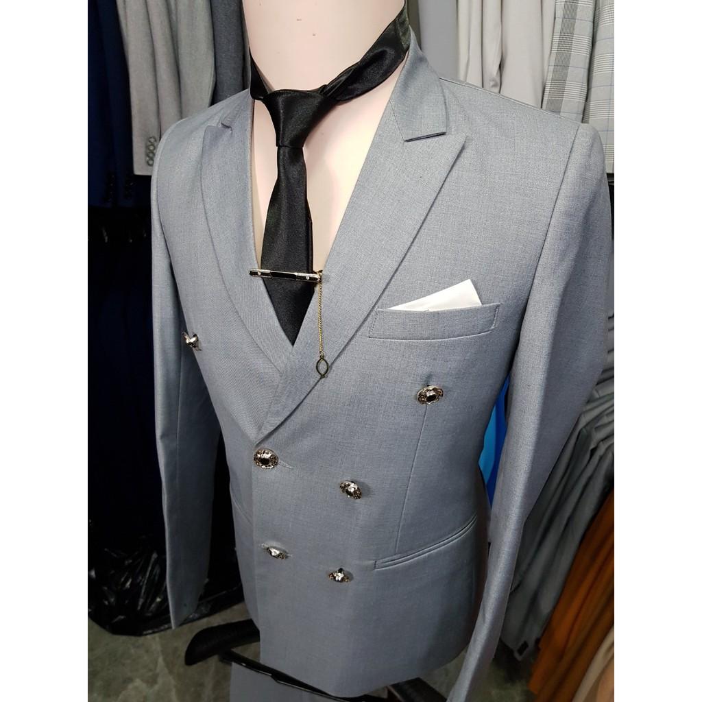 Combo Bộ vest nam ôm body màu xám ghi kiểu 6 nút + áo gile xám + combo phụ kiện