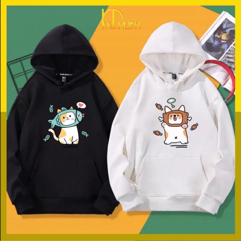 ÁO HOODIE CẶP NAM NỮ IN MÈO VÀ CÚN ĐÙI GÀ SIZE 40-70kg