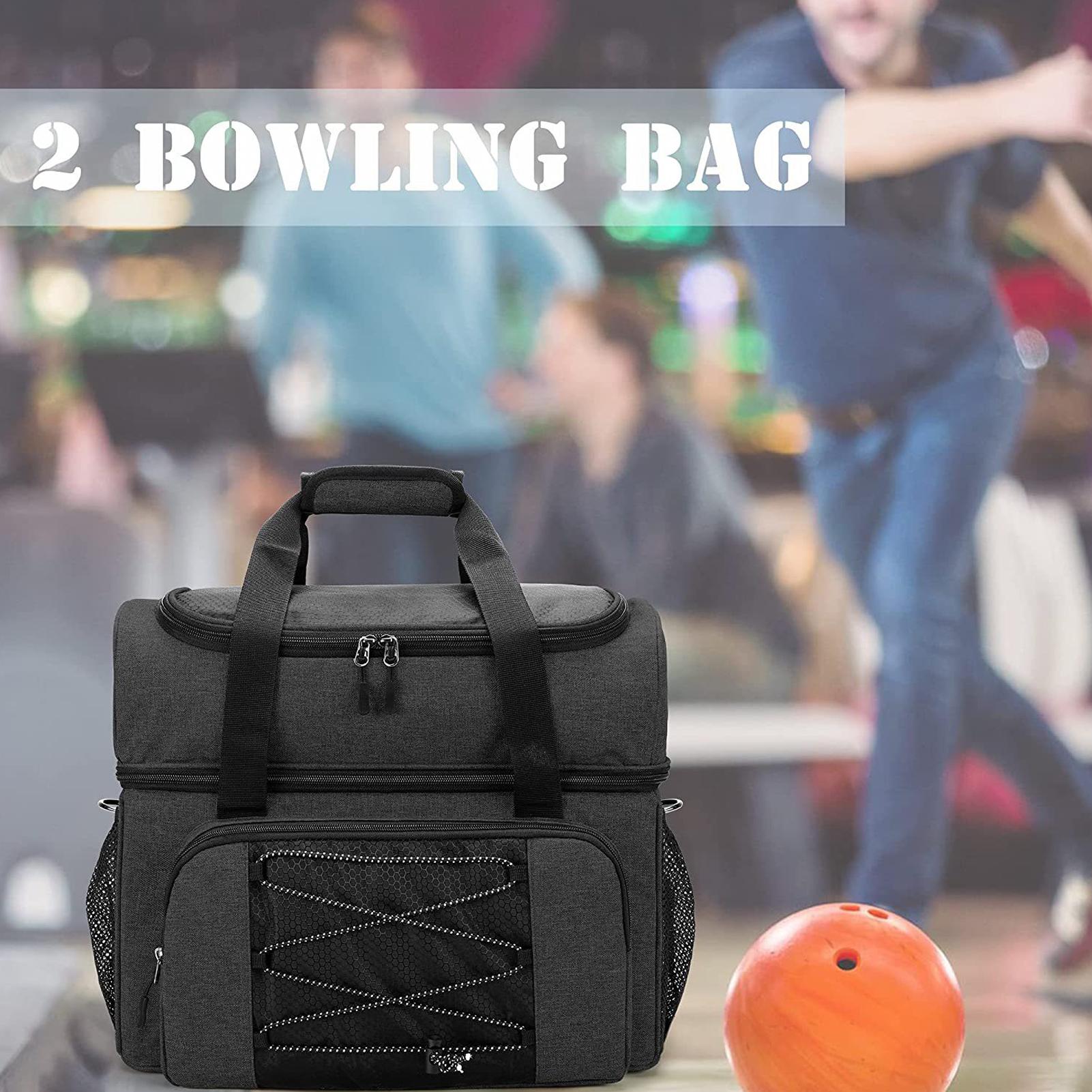 Bowling Bag for 2 Balls Portable Bowling Tote Bag with Padded Ball Holder for Double Ball and Pair of Bowling Shoes up to Mens 16