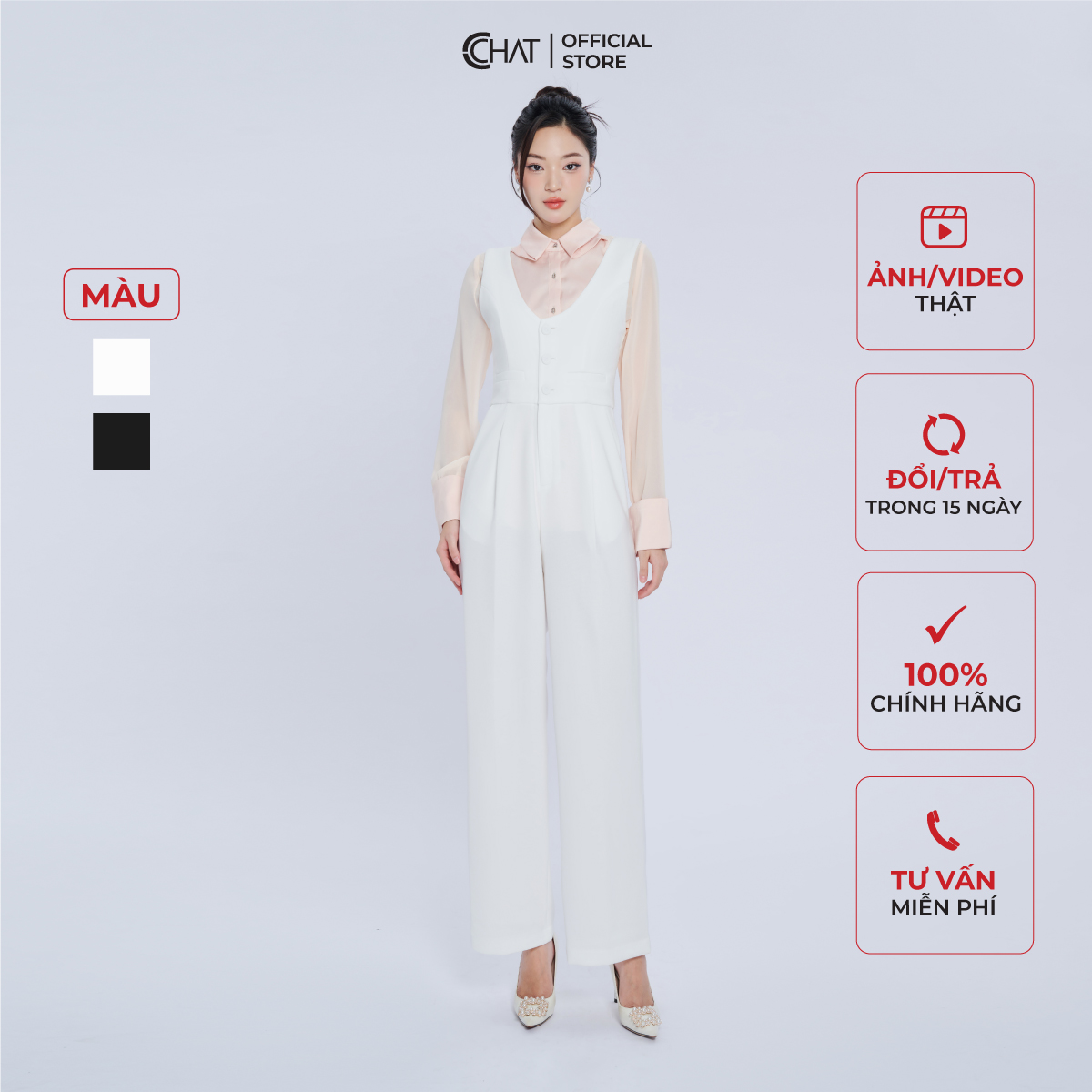 Jumpsuit Nữ Kiểu Yếm 3 Cúc Dáng Suông Chất Tuytsi Cao Cấp 22JAS2002ST
