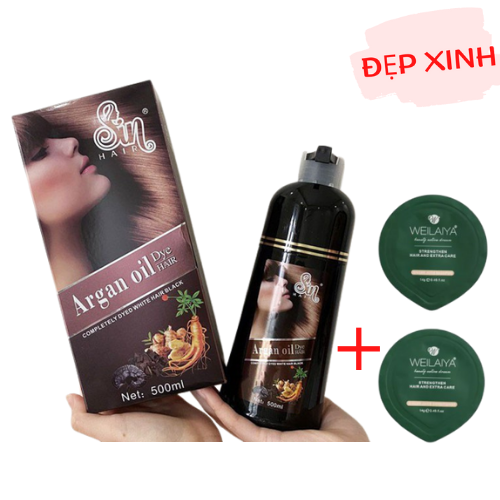 Dầu Gội Phủ Bạc Tóc SIN HAIR Nhật Bản 500ml Màu Nâu Sang Trọng, Tặng Kèm Gội (Xả) Mini Weilaiya Ngẫu Nhiên