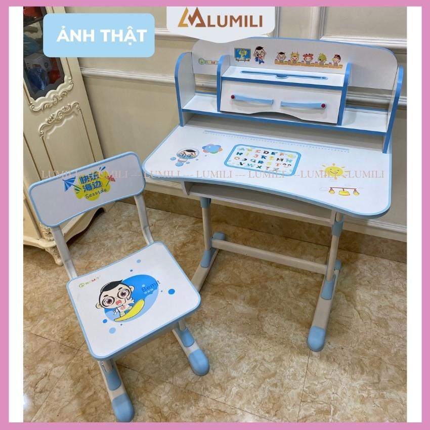 Bàn ghế học sinh Lumili D2 có giá sách chống gù chống cận, bàn học thông minh kèm kệ sách phù hợp cho học sinh tiểu học