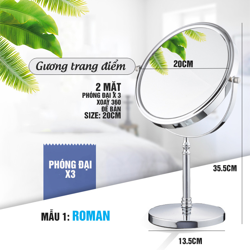 Gương trang điểm để bàn Roman, Crom, phóng đại zoom x3, 2 mặt xoay siêu nét Minh House