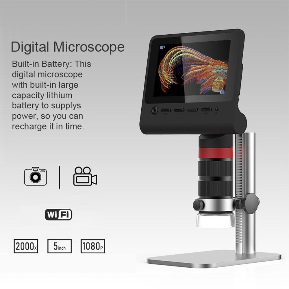 1080P 5 Megapixels WiFi Digital Microscope Portable Industrial Microscope 5 Inch Display Screen Photo Video Modes with 8 LED Lights Aluminium Alloy Holder