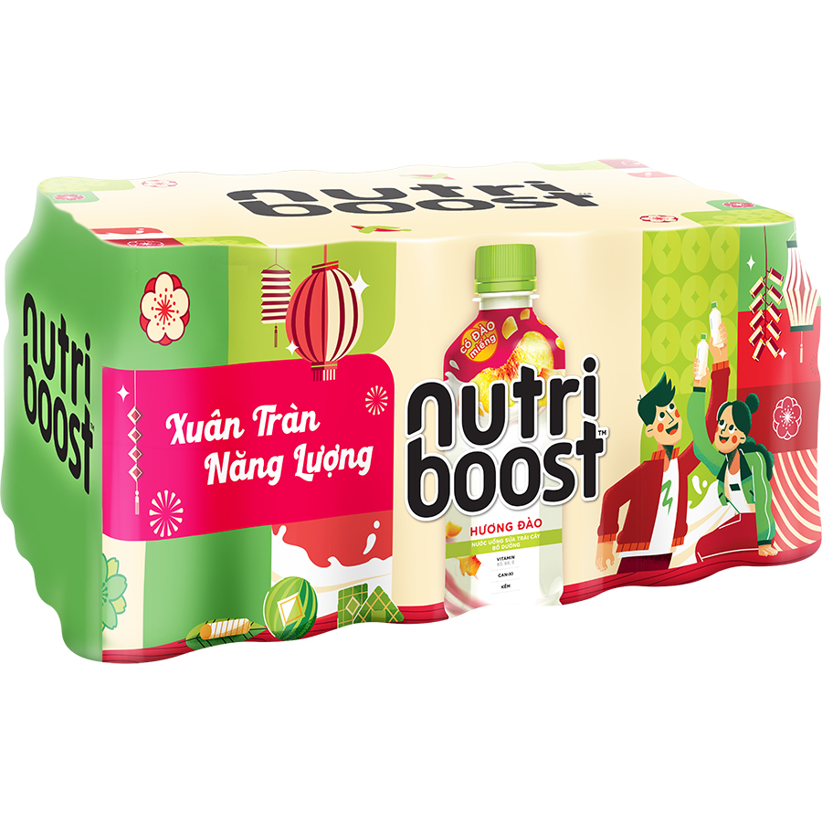 Thùng 24 chai sữa trái cây có đào miếng Nutriboost Bits 297ml