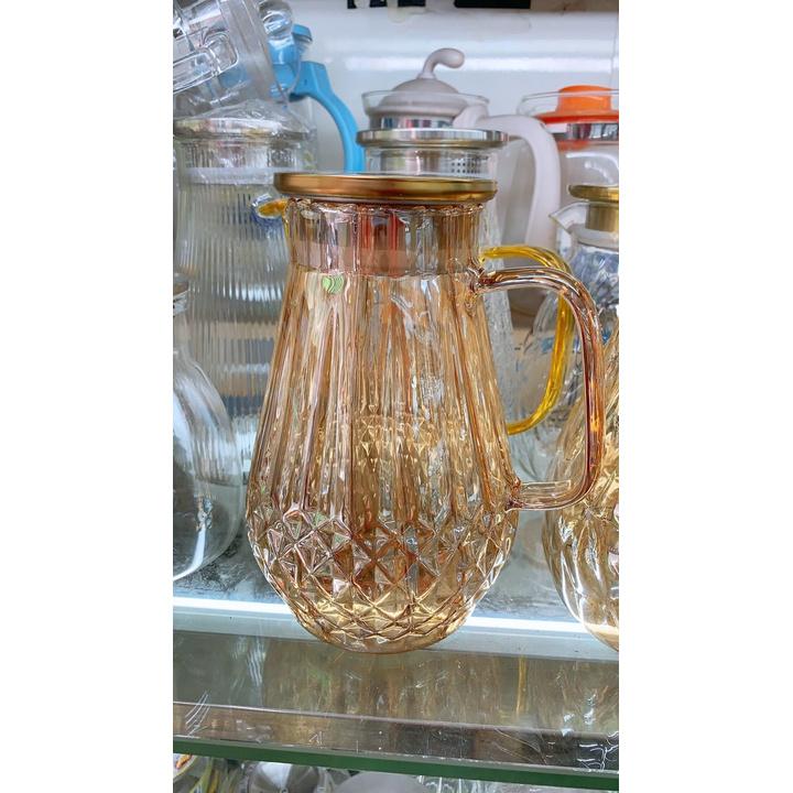 Bình đựng nước uống thủy tinh vàng vân kim cương hạt nhỏ