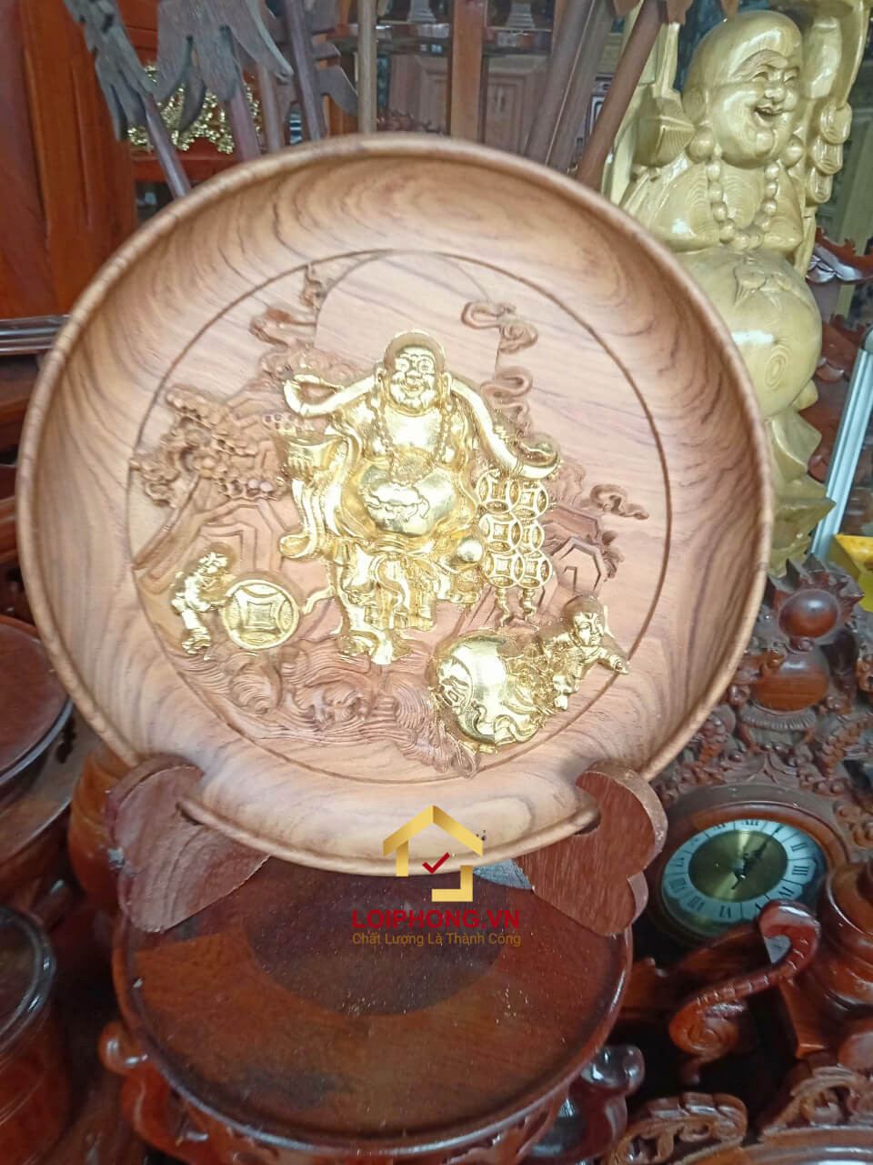 Đĩa gỗ trang trí phật di lặc bằng gỗ hương đường kính đĩa 30 - 35 - 40 cm dày 4 cm
