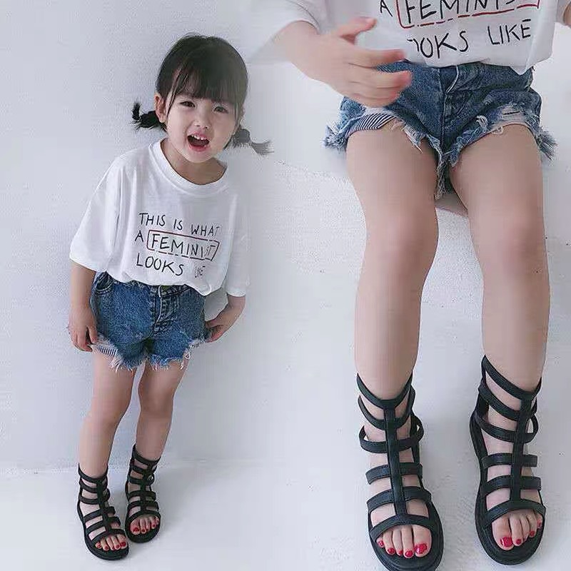 Giày sandal chiến binh cho bé gái 5 - 12 tuổi da mềm khóa kéo thời trang phong cách Hàn Quốc SG48