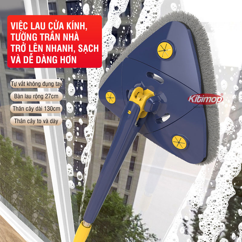 Cây lau nhà tam giác Kitimop-A3 Plus tự vắt xoay 360 độ, dùng lau tường, lau trần, lau kính đa năng tiện lợi hiệu quả