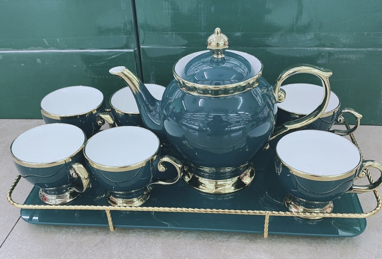 BỘ ẤM CHÉN  PHA TRÀ SỨ TEA SET KÈM KHAY MÀU XANH CỔ VỊT KHUNG KIM LOẠI MẠ VÀNG PHONG CÁCH ÂU SANG TRỌNG - ANTH434