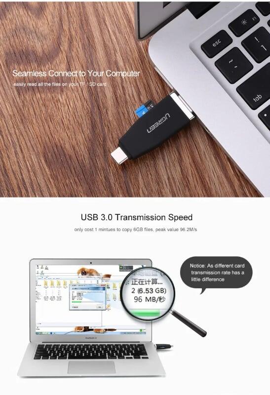 Ugreen UG3035930359TK Màu Đen Đầu đọc thẻ USB TYPE C + USB 3.0 sang TF cao cấp - HÀNG CHÍNH HÃNG