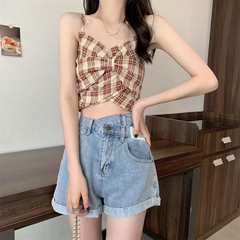 Áo 2 dây nơ hoạ tiết kẻ caro croptop dễ thương hàng QC