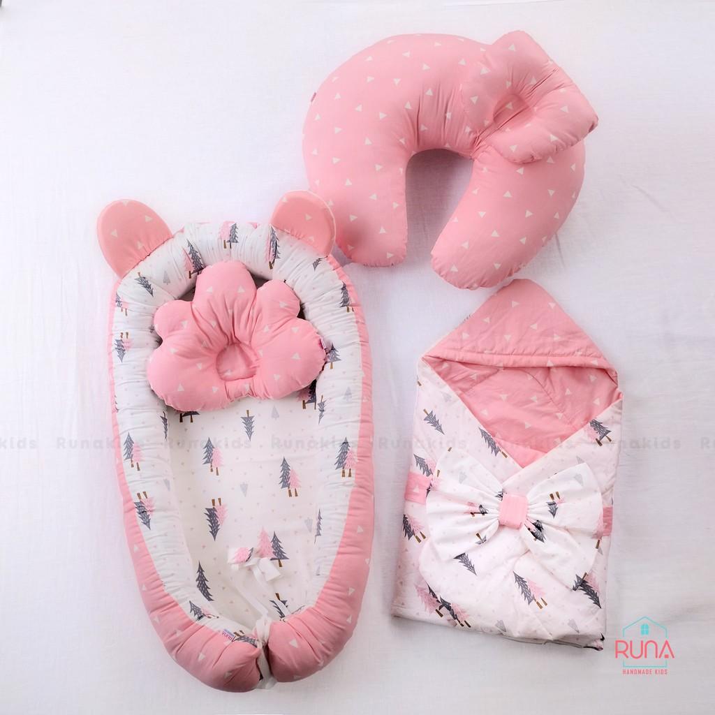 Combo nôi, gối chống bẹp đầu, gối chữ C và chăn bế RUNA KIDS hỗ trợ cho bé bú chất liệu Cotton Hàn cao cấp, mềm mịn