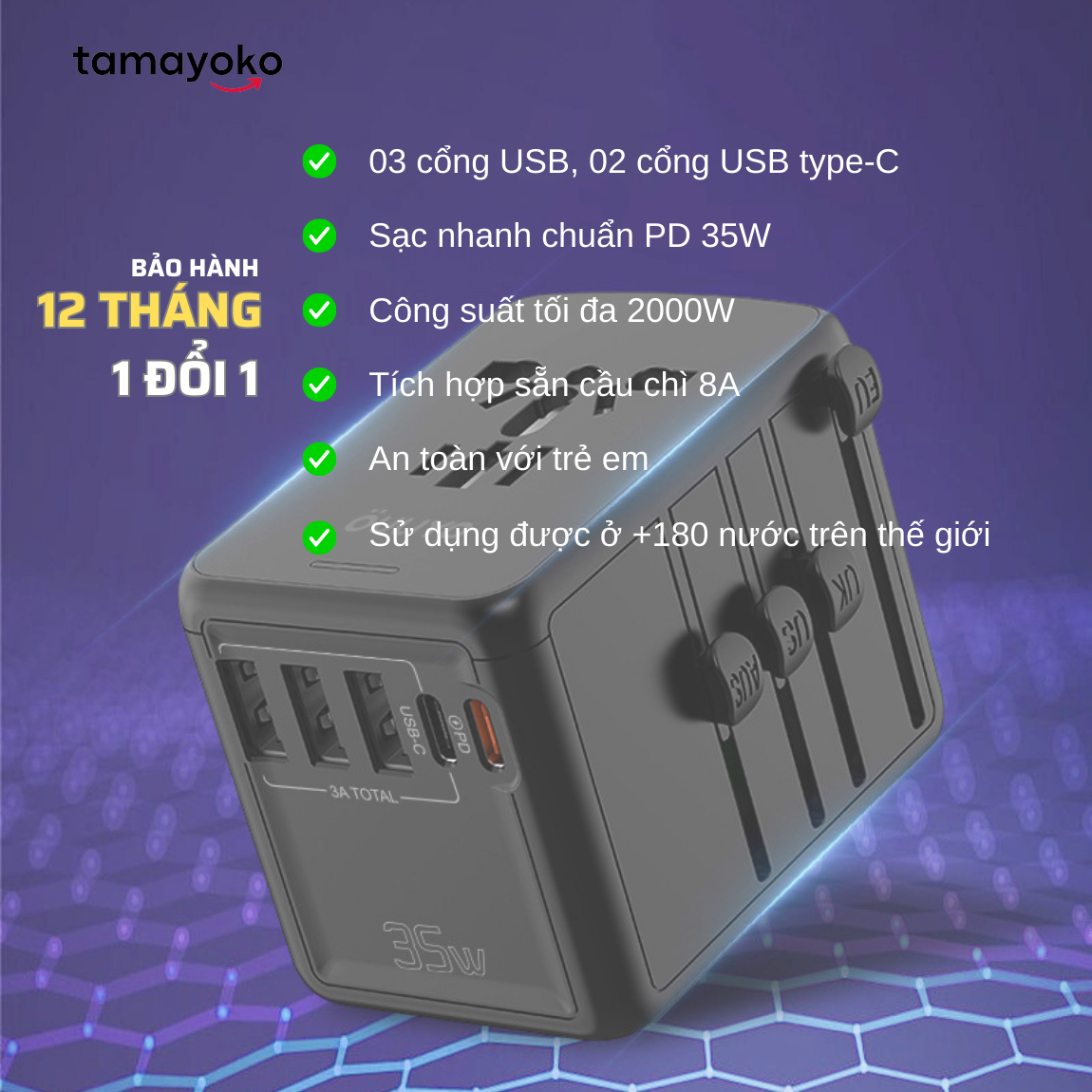 [Sạc Nhanh PD 35W] Ổ Cắm Điện Đa Năng Du Lịch Quốc Tế Tamayoko 5 Cổng Type-C &amp; USB Cắm Tải 2000W