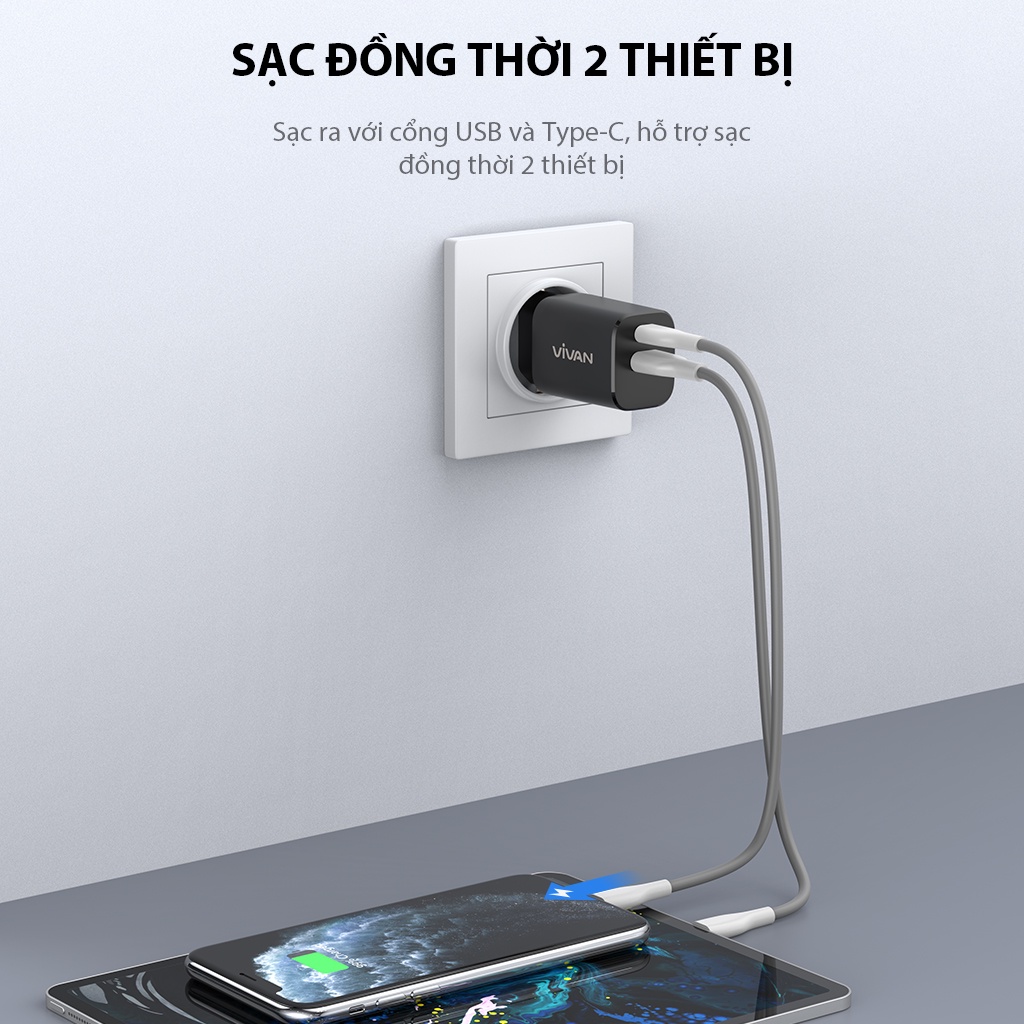 Cốc Sạc Nhanh VIVAN Power Super 30 Công Suất 30W 2 Cổng USB & Type-C Sạc Nhanh Chuẩn QC 3.0 PD Kèm cáp Type-C - Hàng Chính Hãng