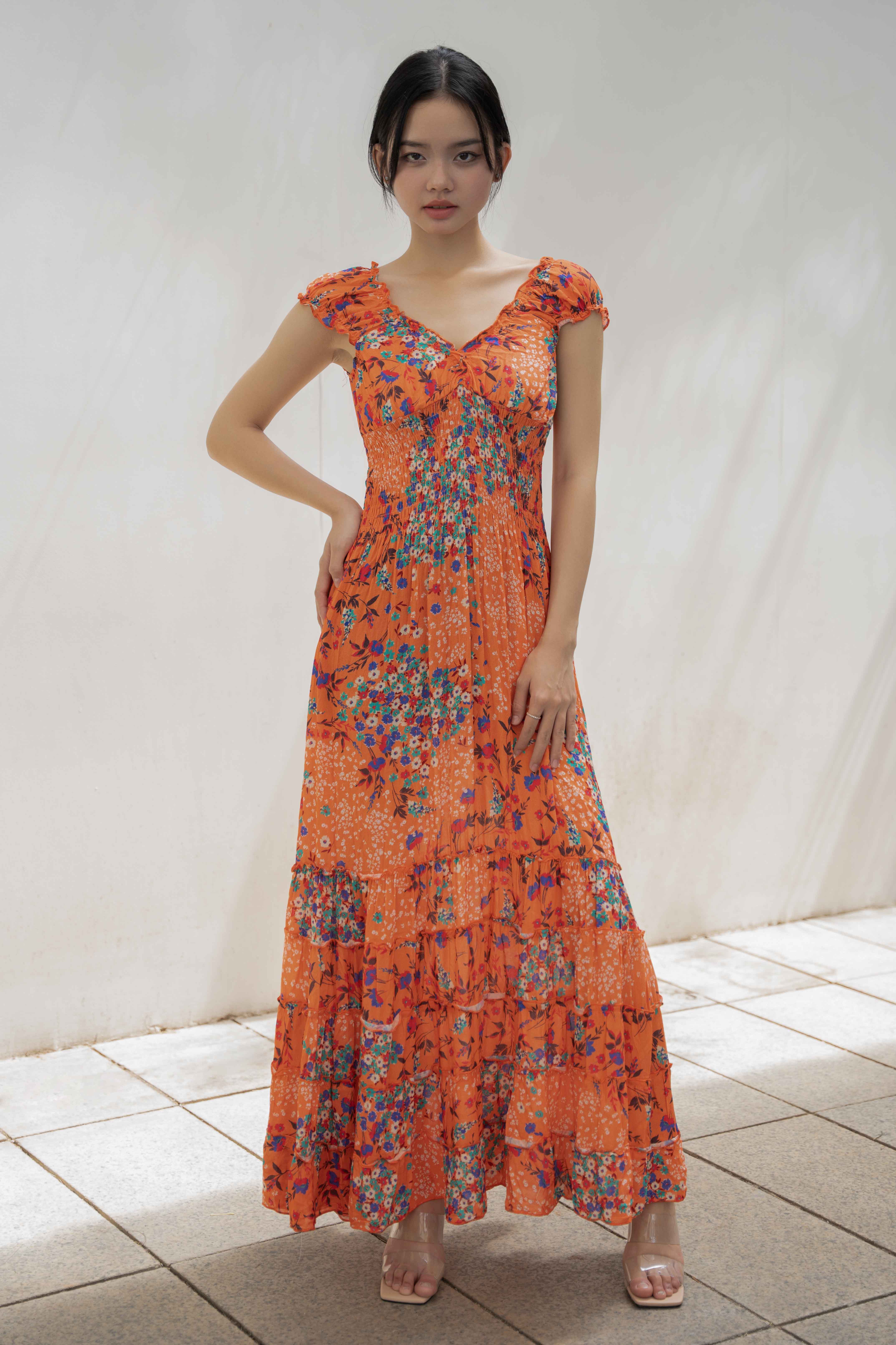 Maxi Hoa Cổ V Cotton Cao Cấp Luna Llena