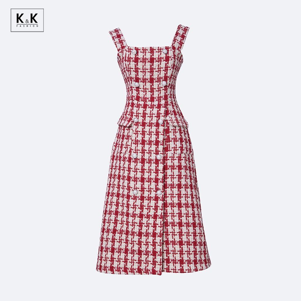 Đầm Dự Tiệc Midi Hai Dây Phối Túi K&amp;K Fashion KK130-03 Chất Liệu Tweed