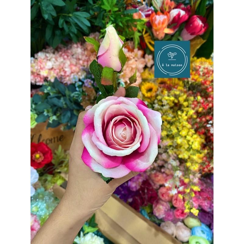 Hoa lụa - Cành hồng ngoại phủ nhung 37cm, một cành một bông 2 nụ trang trí sang trọng