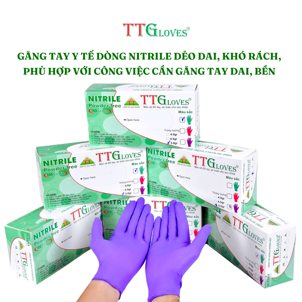 Găng Tay Cao Su Y Tế Size S Không Bột Nitrile TTGLOVES Màu Tím (100 Chiếc)