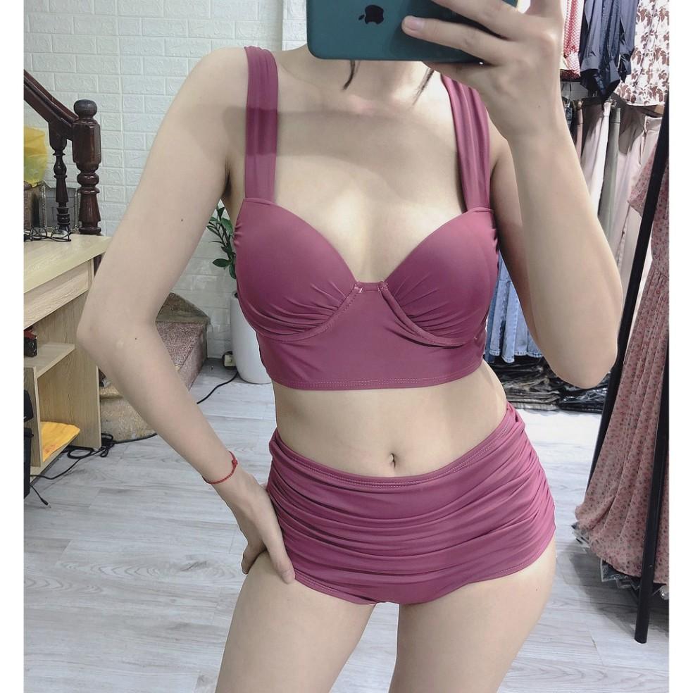 freeship Bikini hai mảnh hồng đất gọng siêu nữ tính mặc đi biển đi bơi ( Có video)