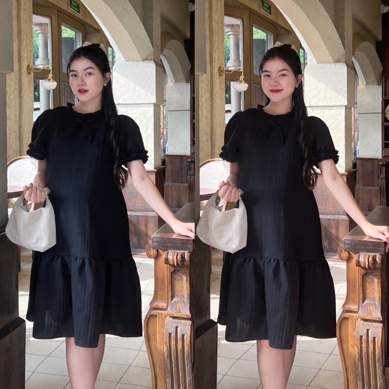 Đầm Bầu Phom Đuôi Cá Cổ Bèo Phối Tay Bèo Chất Xốp Hàn Nhẹ Nhàng Diện Đi Làm, Đi Chơi Xinh - Đen