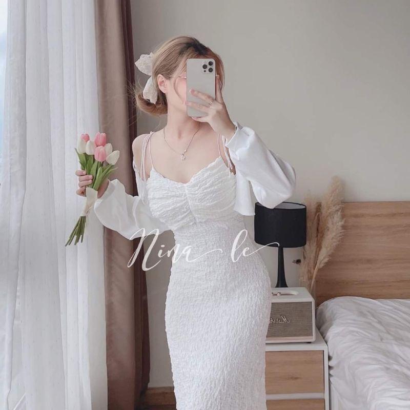 ĐẦM 2 DÂY THẮT NƠ XỐP KÈM ÁO KHOÁC