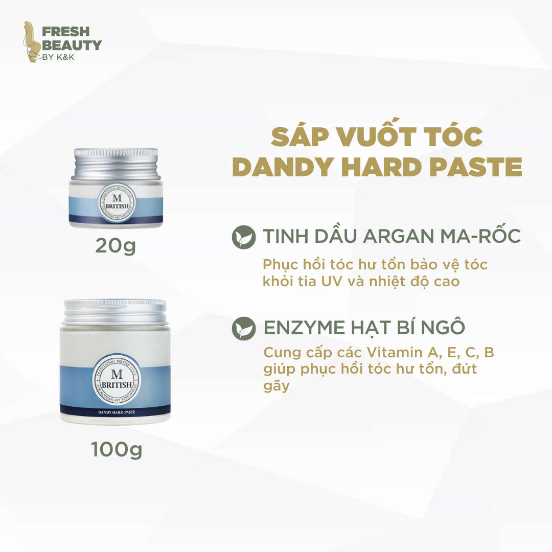 Sáp vuốt tóc tạo kiểu linh hoạt cho nam nữ BRITISH M Dandy Hard Paste, độ cứng vừa phải, tạo độ phồng nhẹ, mềm tóc 100g