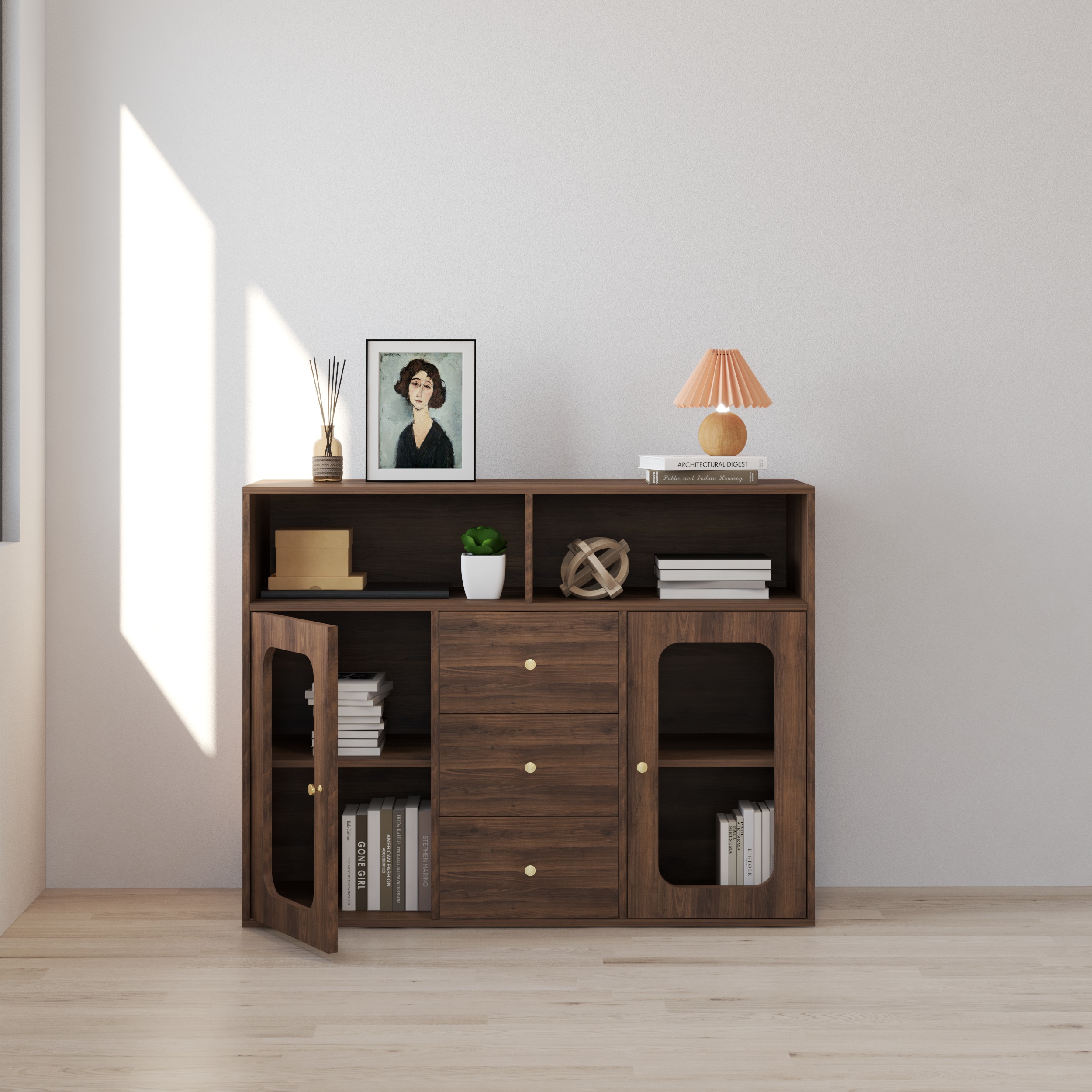 HAPPY FURNITURE , Tủ lưu trữ 2 cửa kính 3 ngăn kéo - NOAH , TLT_065 , 130cm x 45cm x 100cm DxRxC