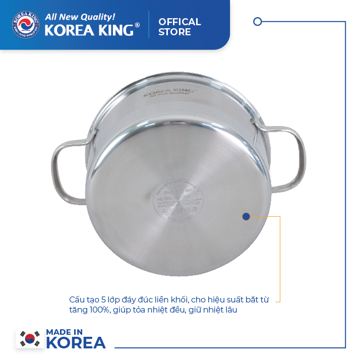 KP-20S5PLY Nồi inox 5 lớp đáy liền Korea King (Nồi, nắp đều bằng inox, đường kính 20cm, dung tích 3L)-Hàng chính hãng